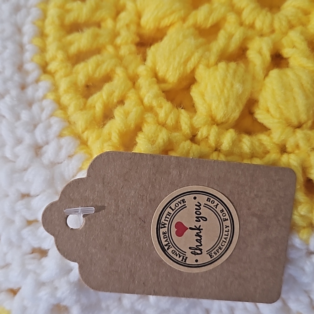 Handmade Yellow White Crochet Granny Square Blanket 37x63 Sunflower Fringe Retro - Picture 17 of 17